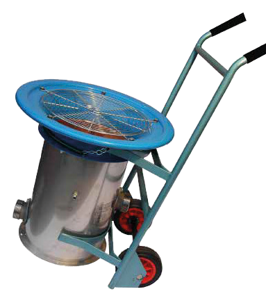 Ventilador Gas Freeing montado sobre un carro tubular ligero con ruedas y correa de sujeción