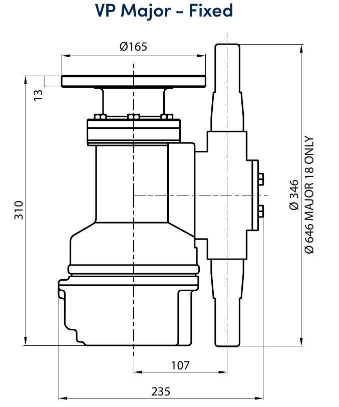 Plano dimensional de la máquina de lavado de tanques VP Major fija con cotas de brida, altura y diámetro
