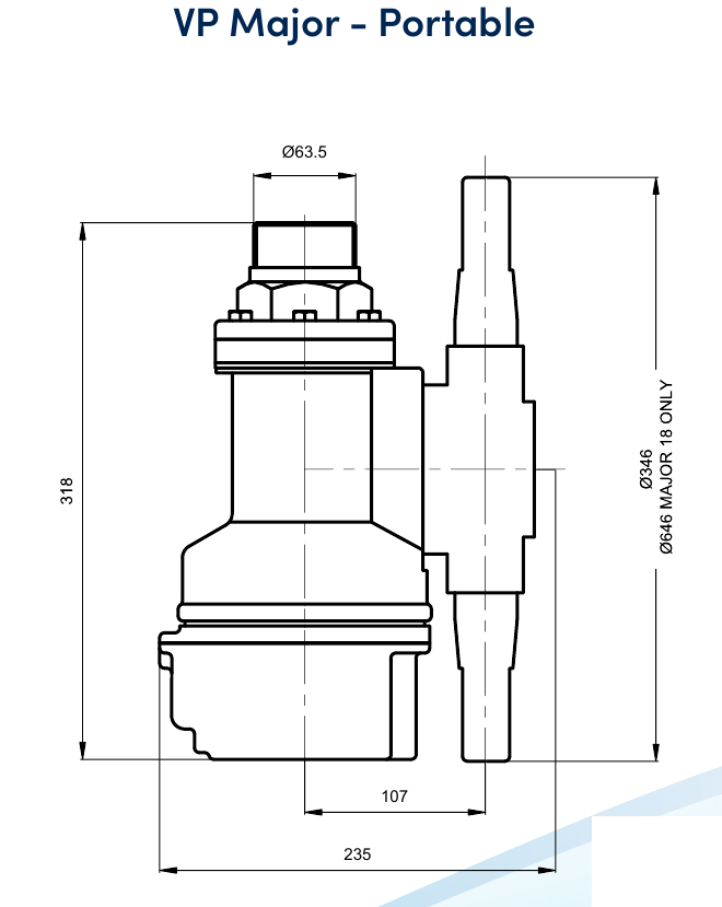 Plano dimensional de la máquina de lavado de tanques VP Major portátil con cotas de rosca, altura y diámetro