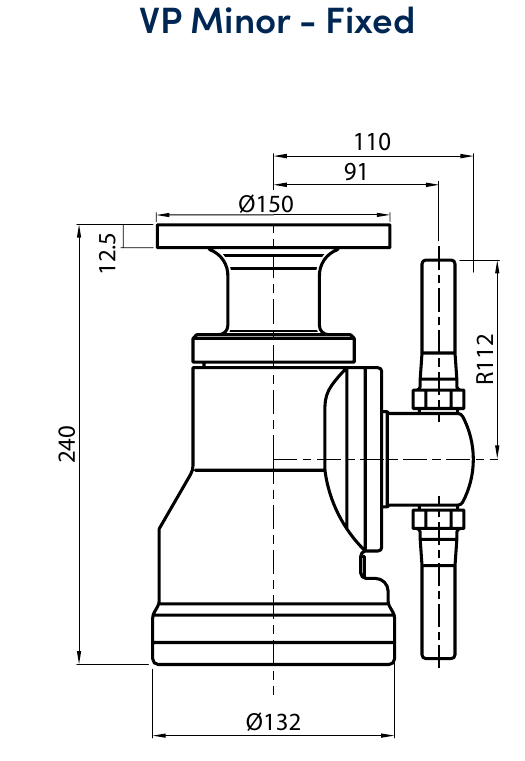 Plano dimensional de la máquina de lavado de tanques VP Minor fija con cotas de brida, altura y diámetro