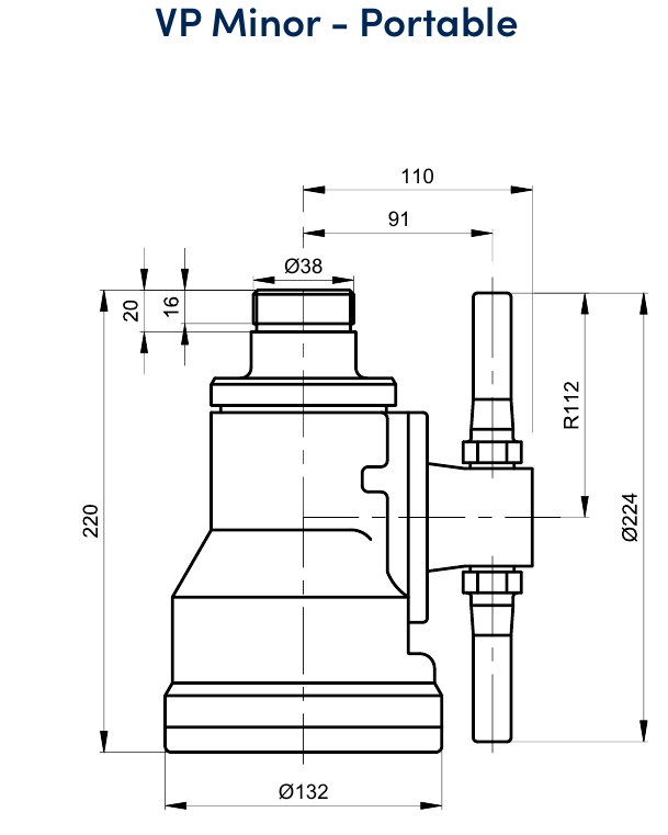 Plano dimensional de la máquina de lavado de tanques VP Minor portátil con cotas de rosca, altura y diámetro