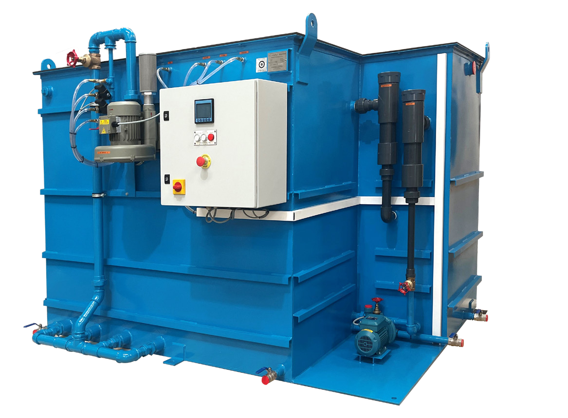Planta de tratamiento de aguas residuales biológica FBBR azul con cuadro de control
