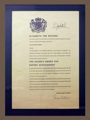 Certificado enmarcado del Queens Award for Export