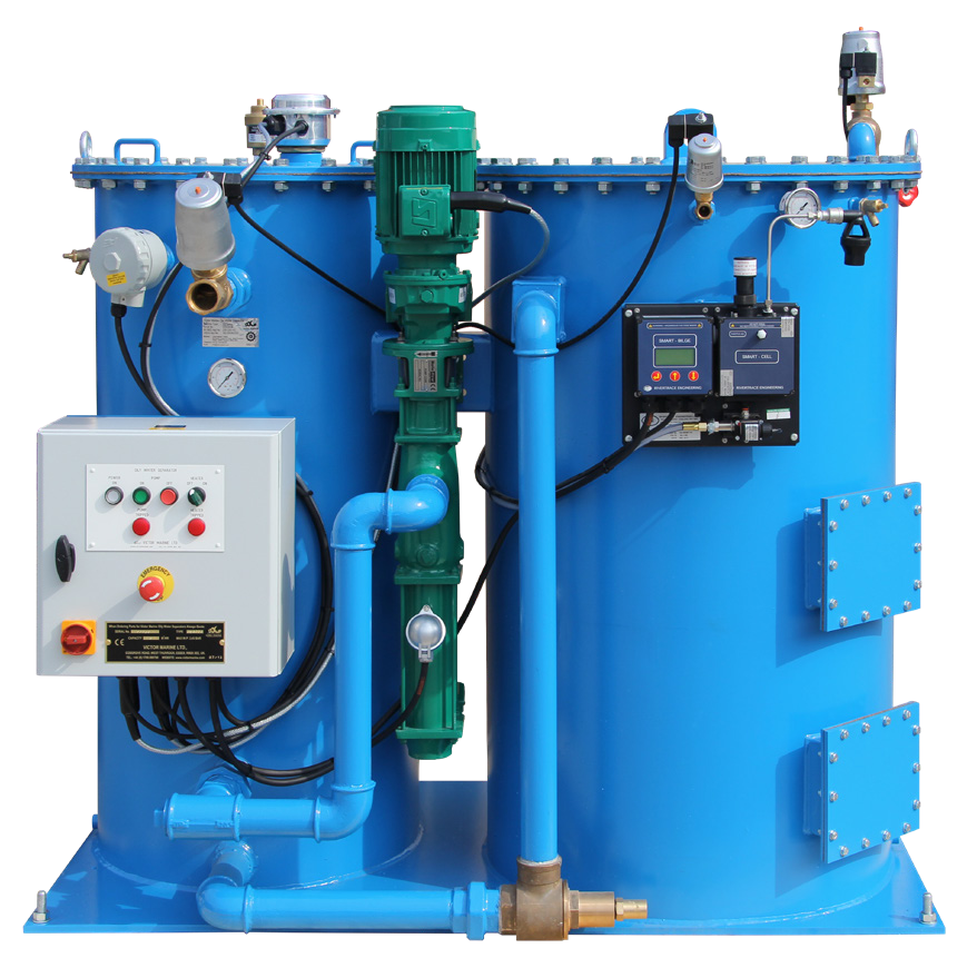 Separador de agua oleosa azul con panel de control, bomba y monitor de contenido de aceite